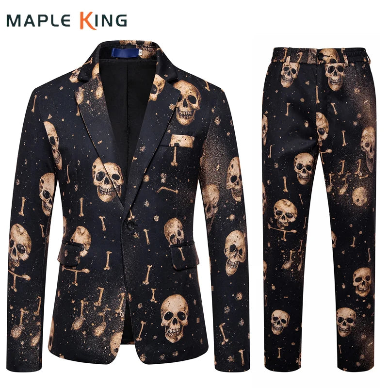 Men's Skull-Print Two-Piece Party Suit