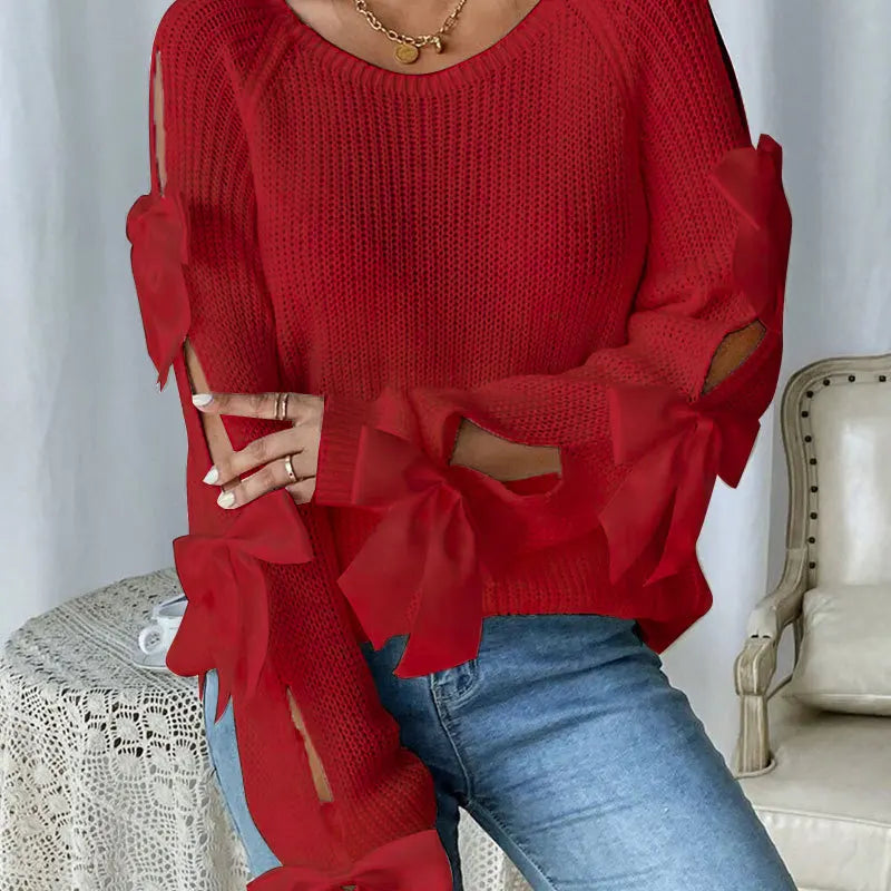 Bow-Detail Cutout Round-Neck Sweater