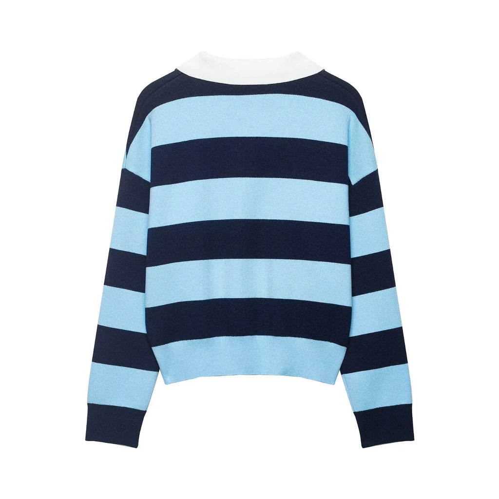 Striped Polo-Collar Long-Sleeve Sweater