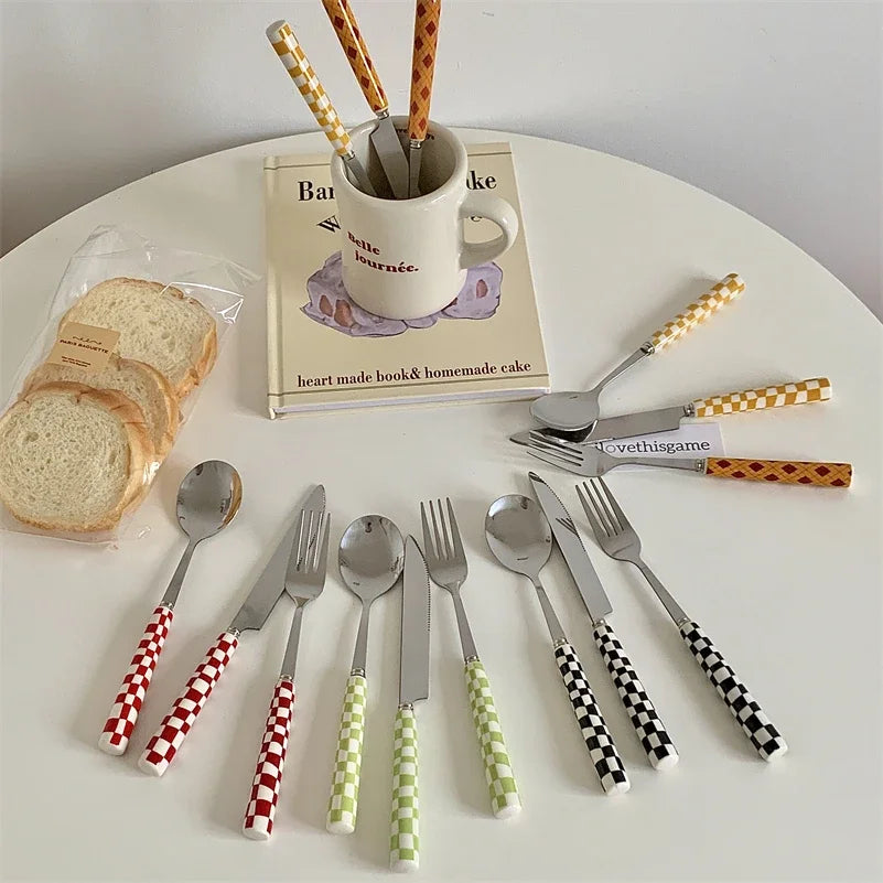 Checkerboard Ceramic-Handle Flatware — 3 Pieces