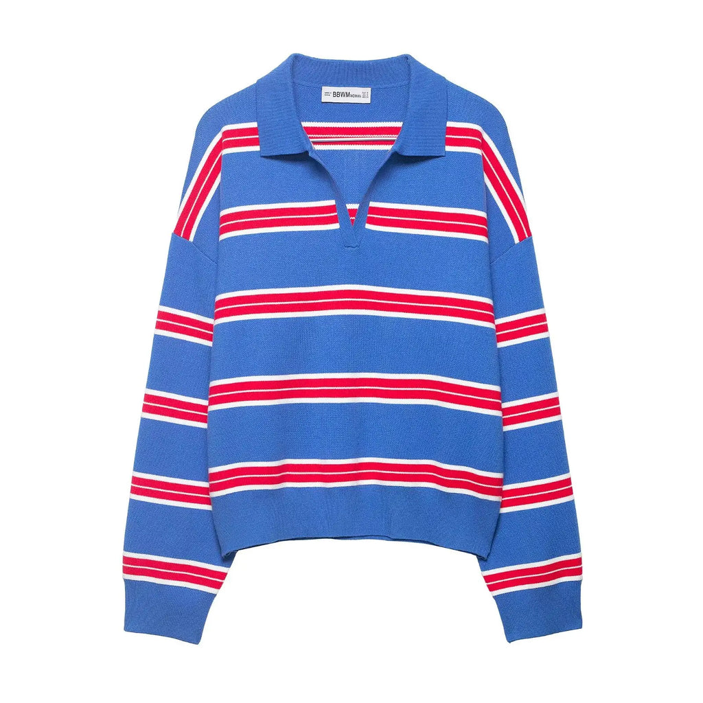 Striped Polo-Collar Long-Sleeve Sweater