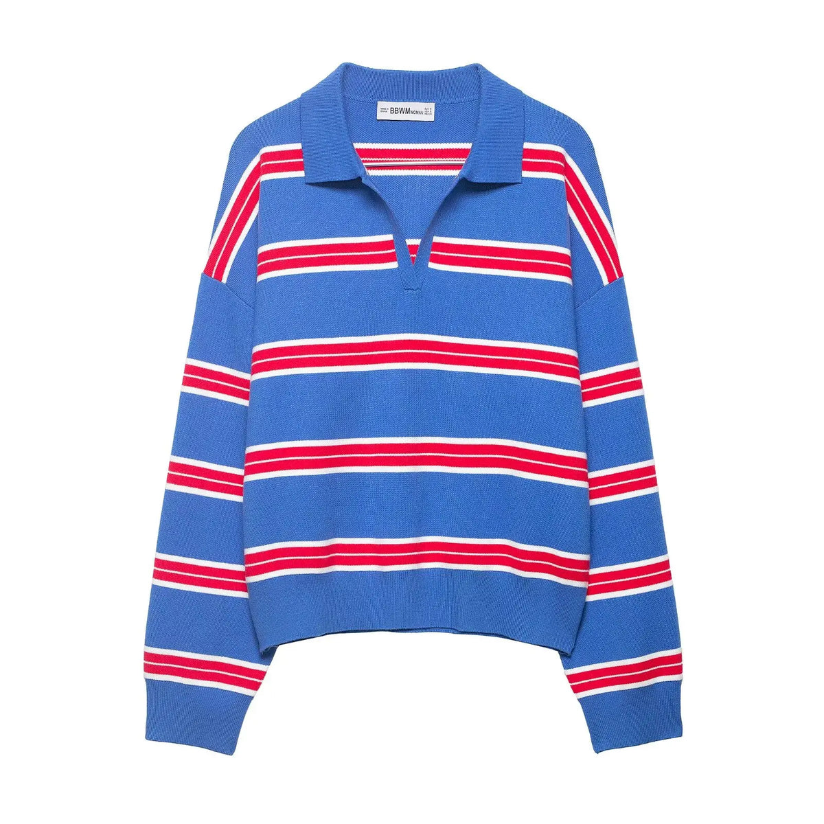 Striped Polo-Collar Long-Sleeve Sweater