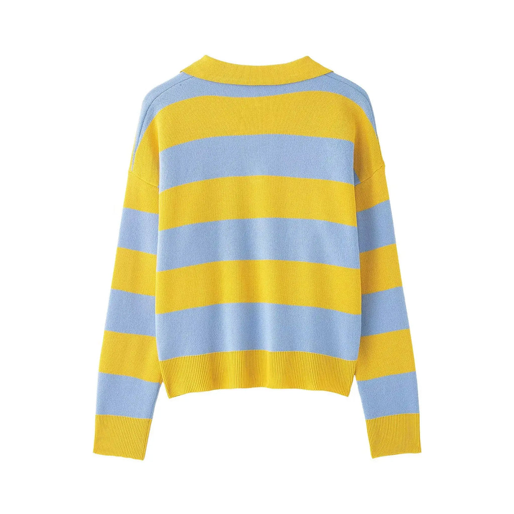 Striped Polo-Collar Long-Sleeve Sweater