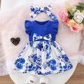 Baby Girl Blue Bow Floral Summer Dress with Hairband