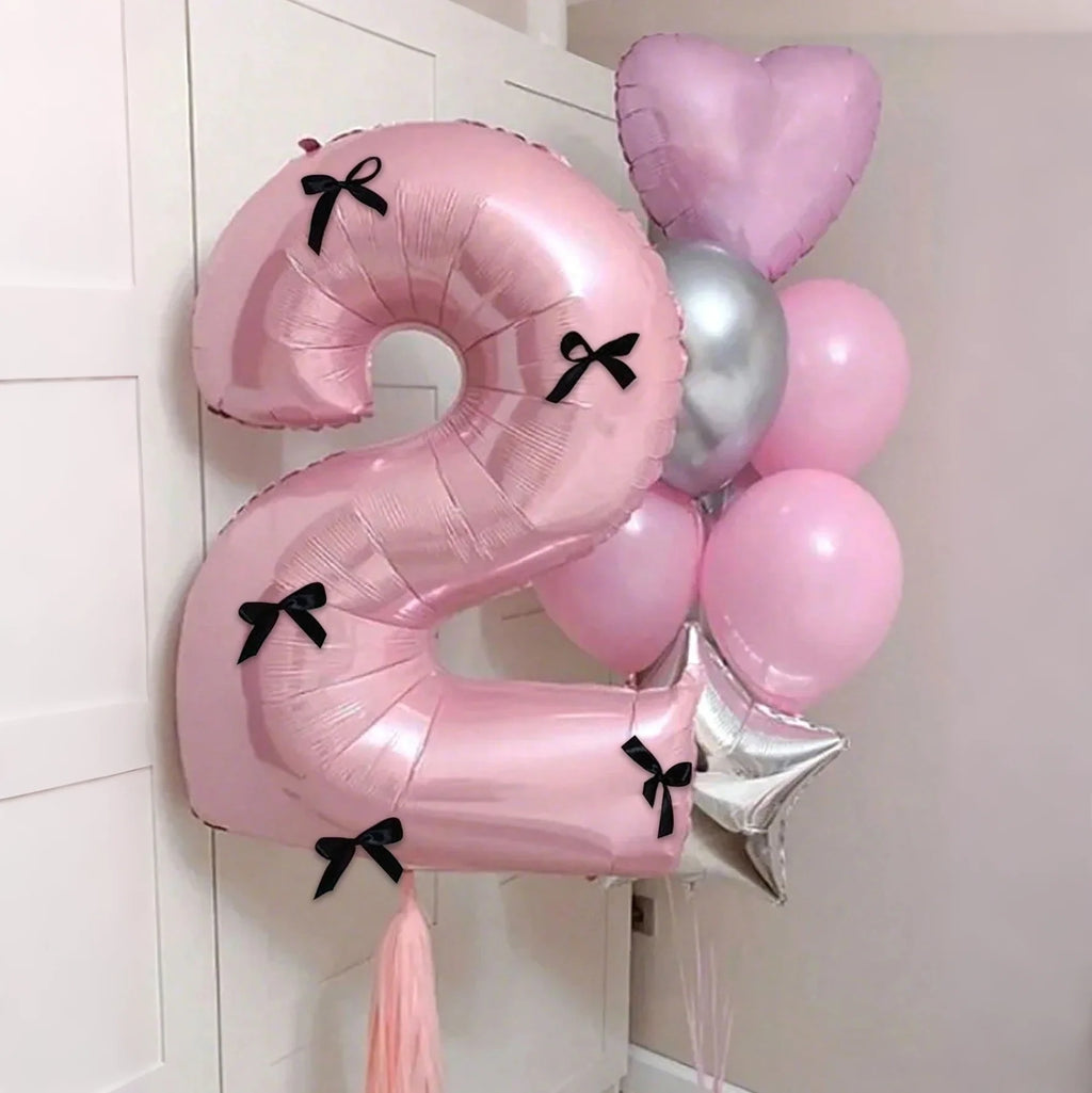 Pink Number Balloon Set with Black Bow, Seven Pieces