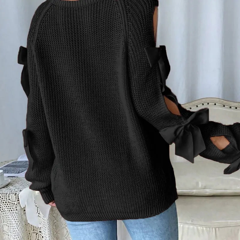 Bow-Detail Cutout Round-Neck Sweater