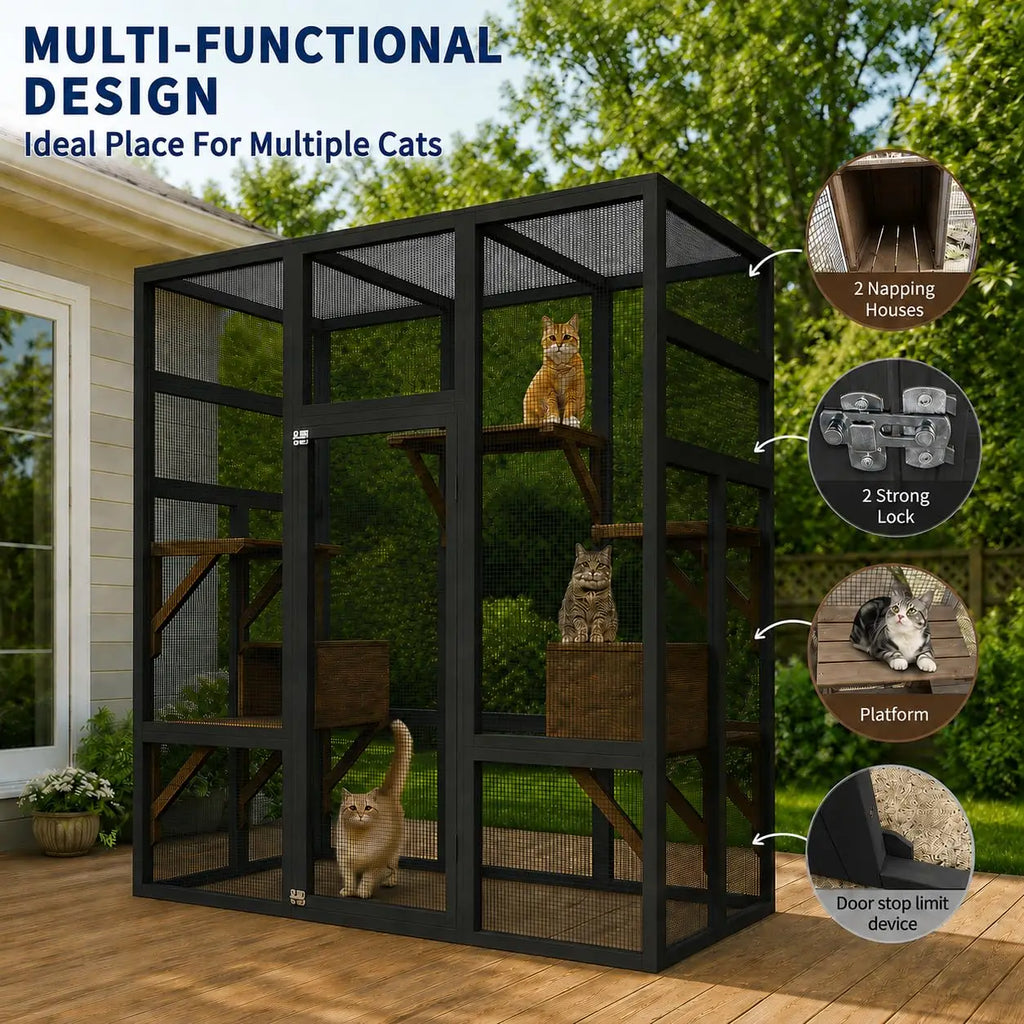 70" Wooden Outdoor Catio with Platforms & Rest Boxes