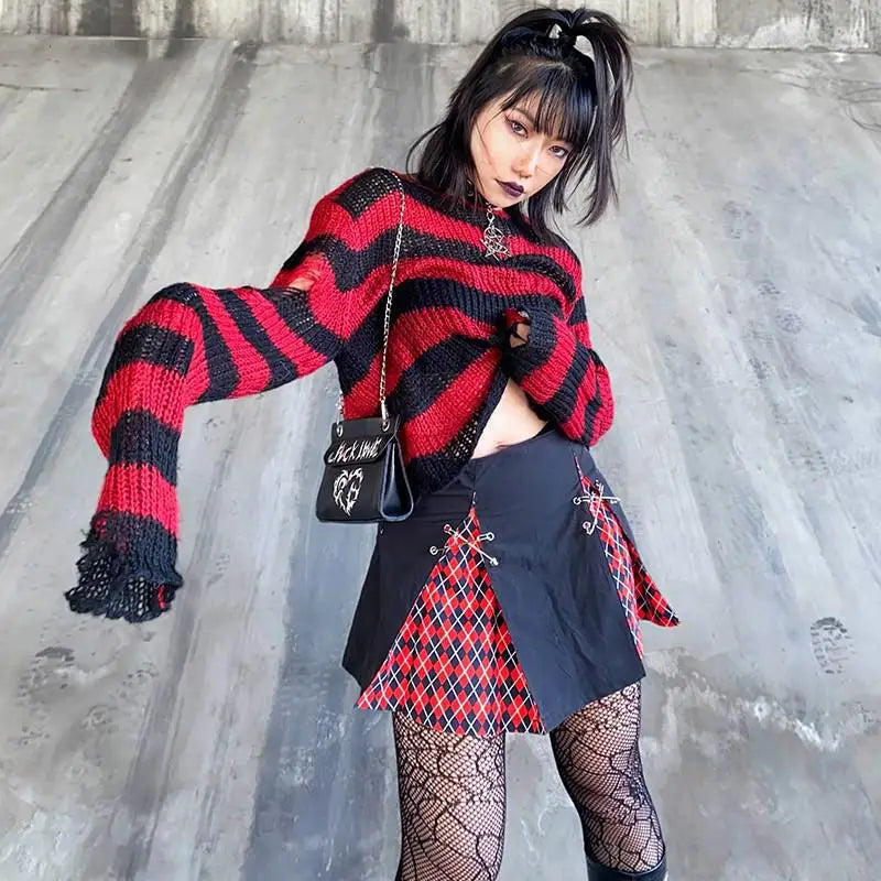 Karrram Punk Gothic Sweater Emo Tops E-girls Mall Goth Pullovers Y2k Harajuku Grunge Clothes Alt Dark Aesthetic Striped Jumpers Dsers