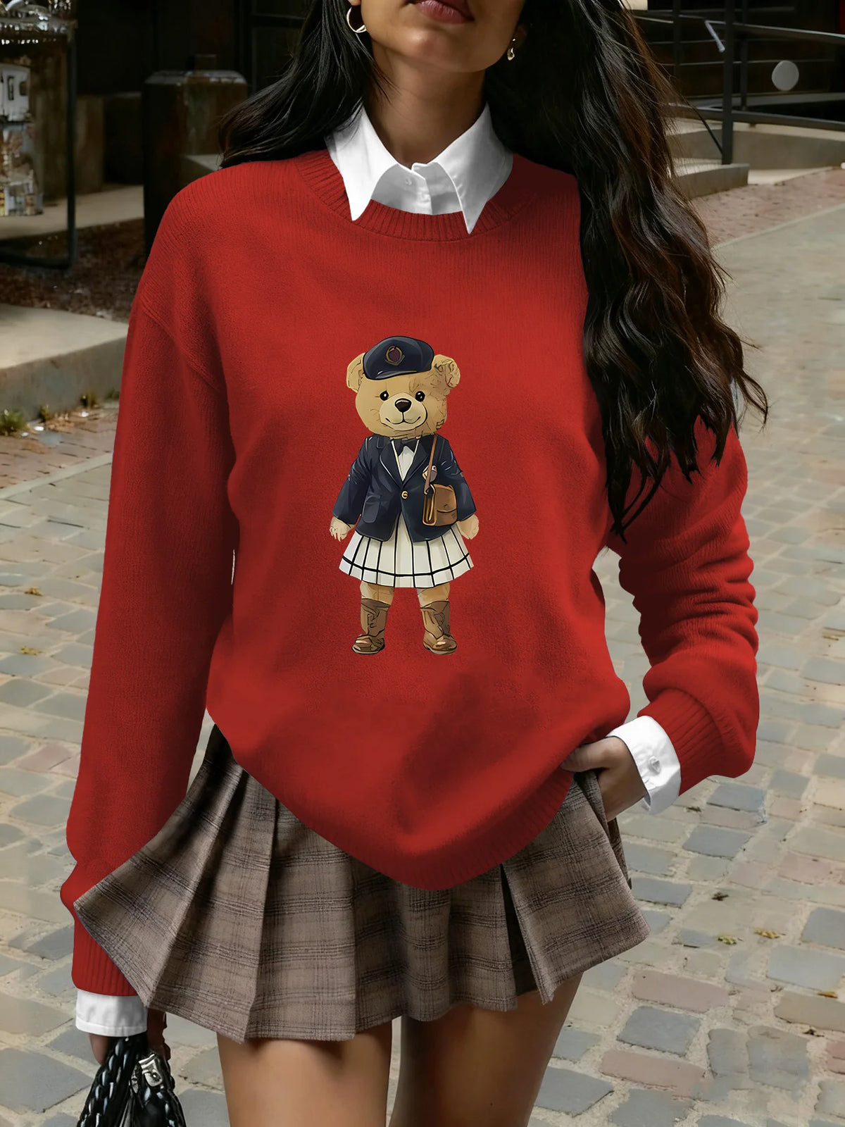 Women's Preppy Teddy Bear Print Sweater, Crew Neck Knit Pullover for Fall Winter (Only the Top Is Sold Separately) Dsers