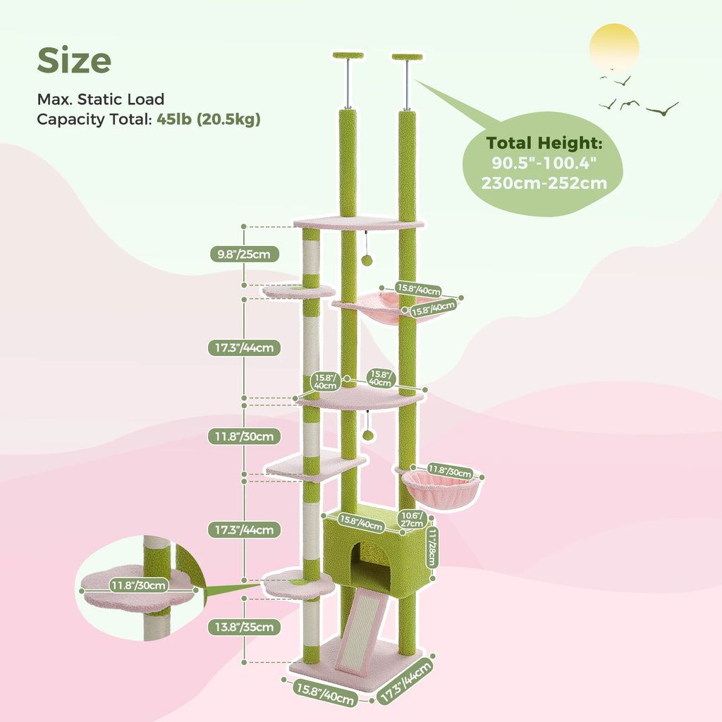 Cactus Cat Tree Floor to Ceiling Cat Tower Adjustable Height with Cat Condo Cozy Hammock and Scratching Post Tall Activity Tree Whispering Desires Shoppe