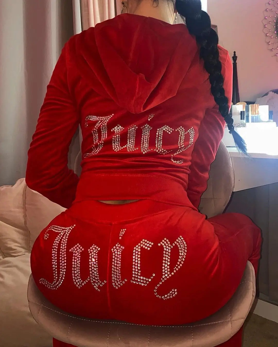 Women's Velvet-Look Embellished Hoodie and Pants Set