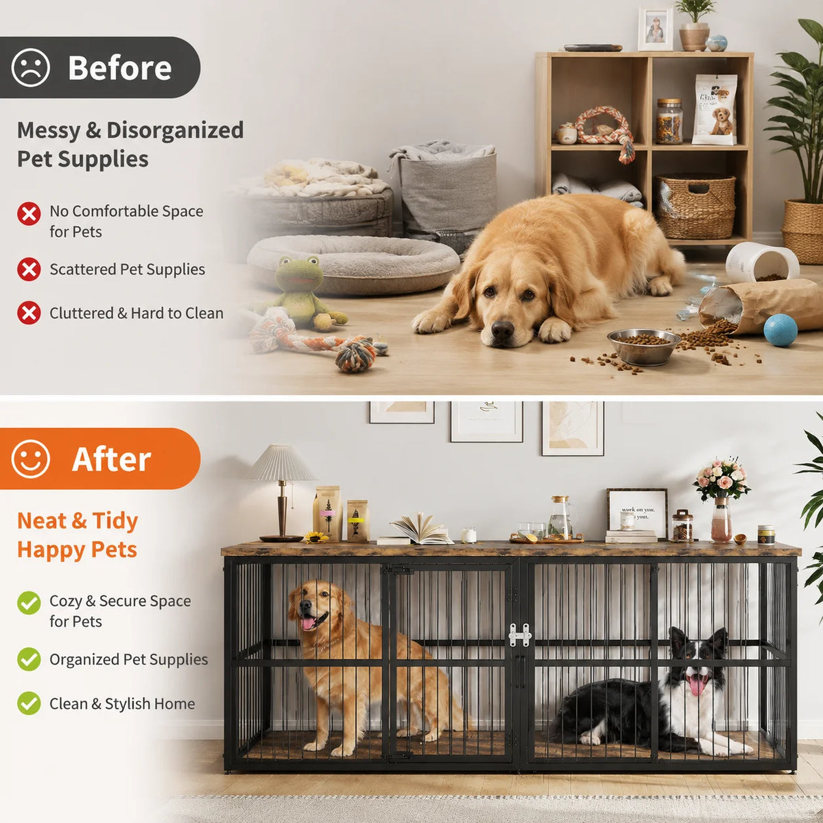 87 Inch Extra Large Double Dog Crate Furniture with Divider 3 Doors Heavy Duty Wooden Indoor Dog Kennel Cabinet TV Stand for 2 Dogs Lockable Pet House with Storage Table Whispering Desires Shoppe