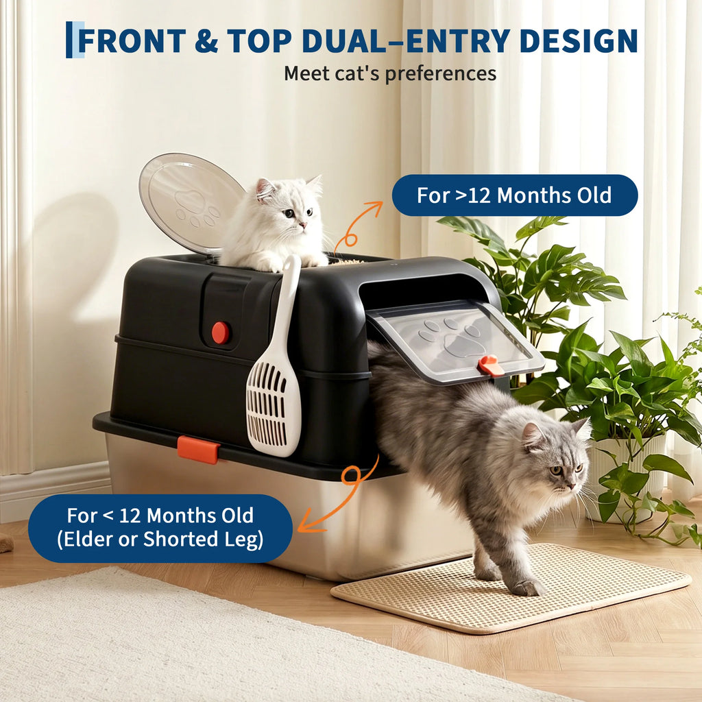 Enclosed Stainless Steel Cat Litter Box with Scoop