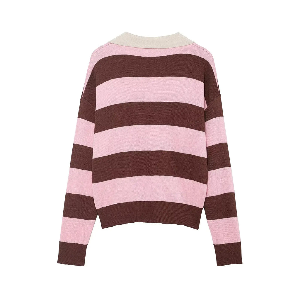 Striped Polo-Collar Long-Sleeve Sweater