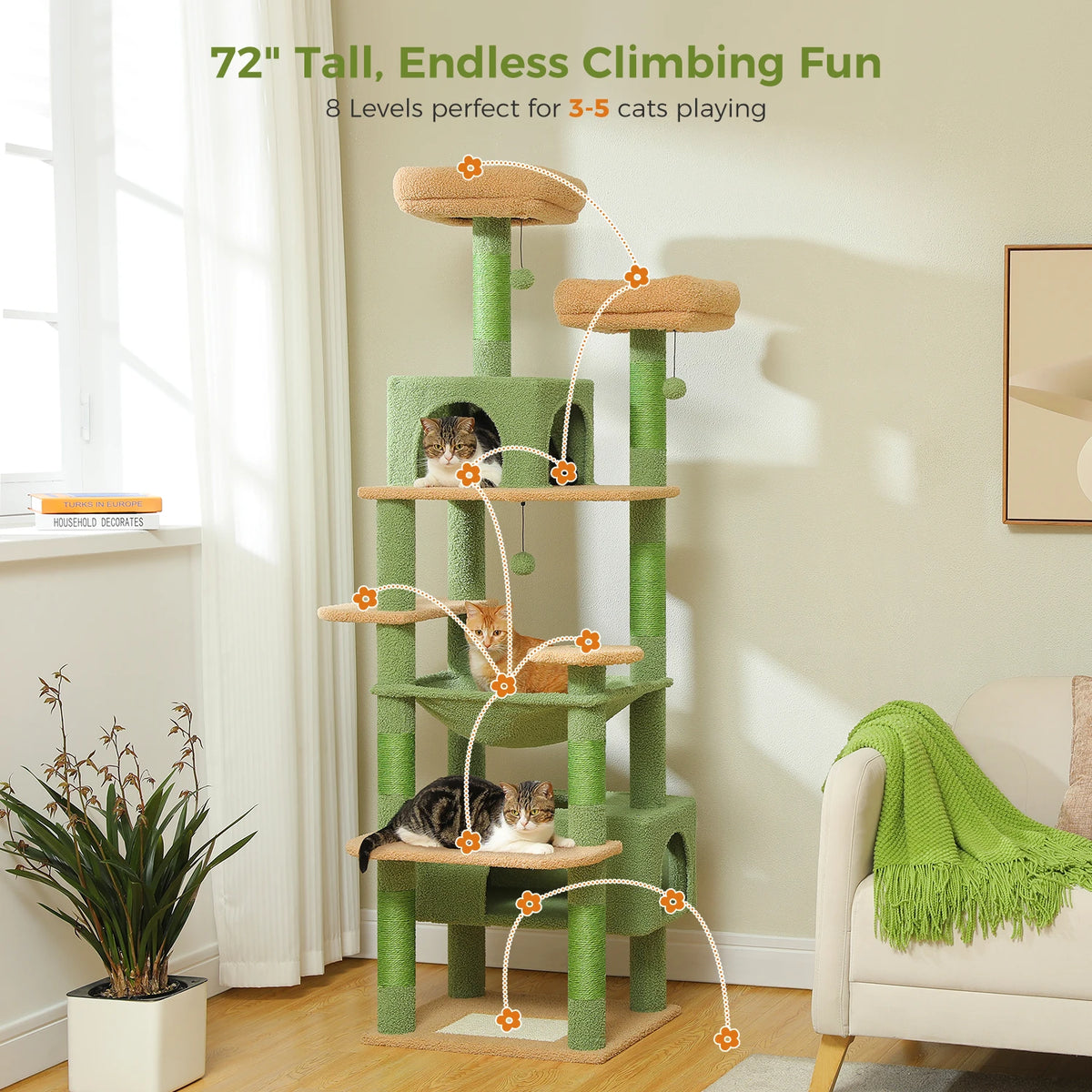 184cm Cat Tree with Hammock, Condo & Scratching Posts