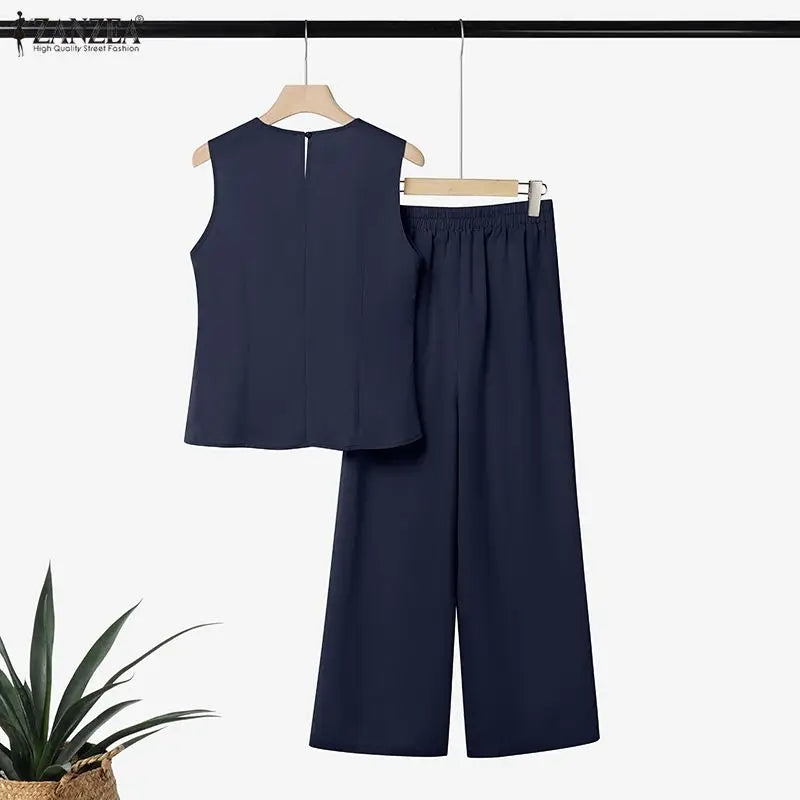 ZANZEA Sleeveless Button Blouse & Pants Set