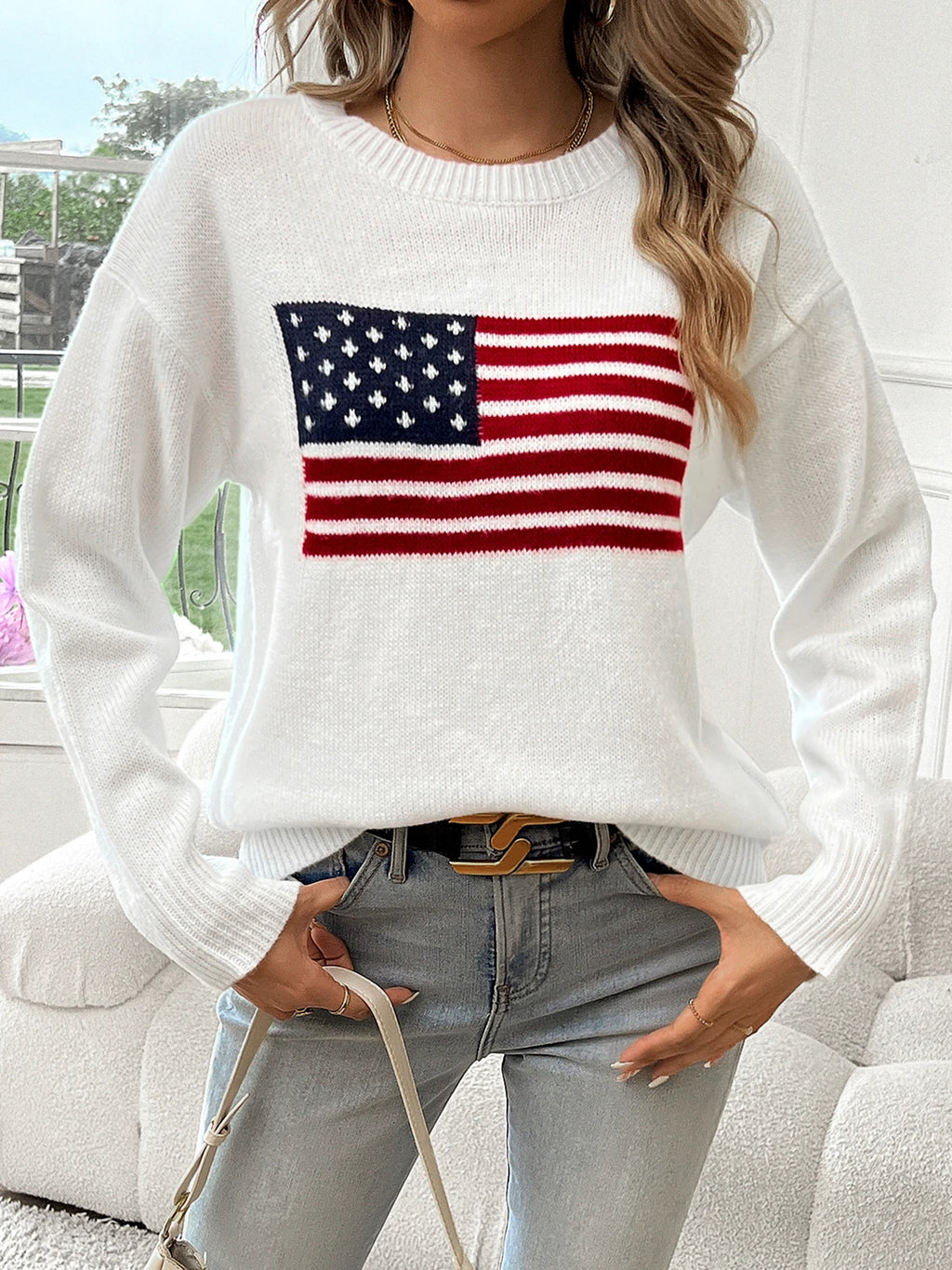 American Flag Crew Neck Long Sleeve Pullover Women's Sweater Dsers