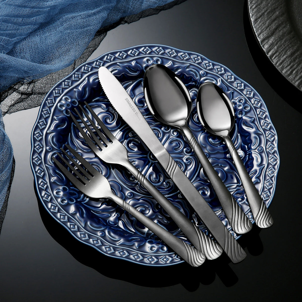 HANSMART Black Stainless Steel Flatware, 48 Pieces