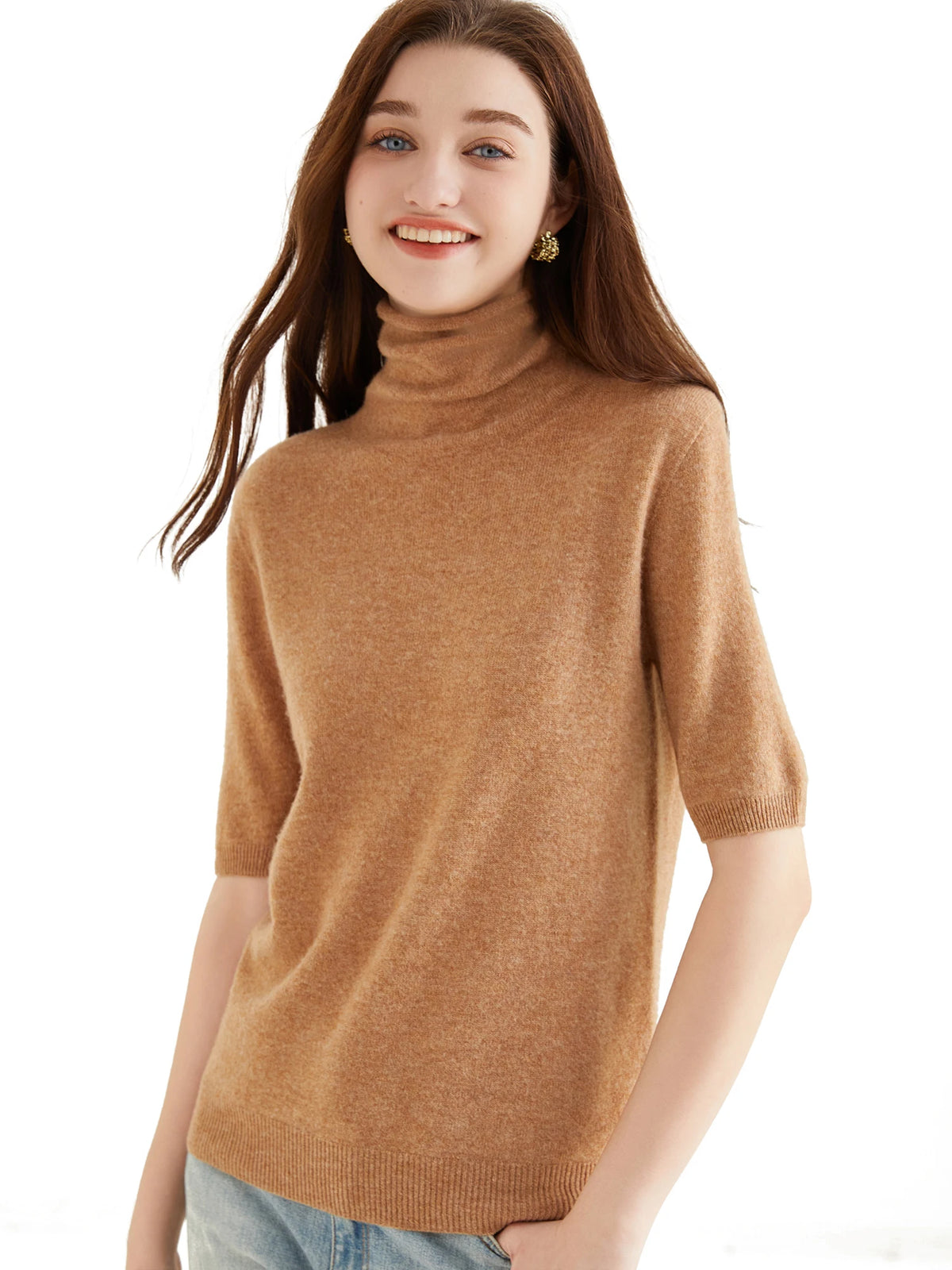 Women's Knit Tops Short Sleeve Fashion Women Sweaters New 100% Merino Wool Knitwears Vintage Sweater Turtleneck Pullover Clothes Dsers