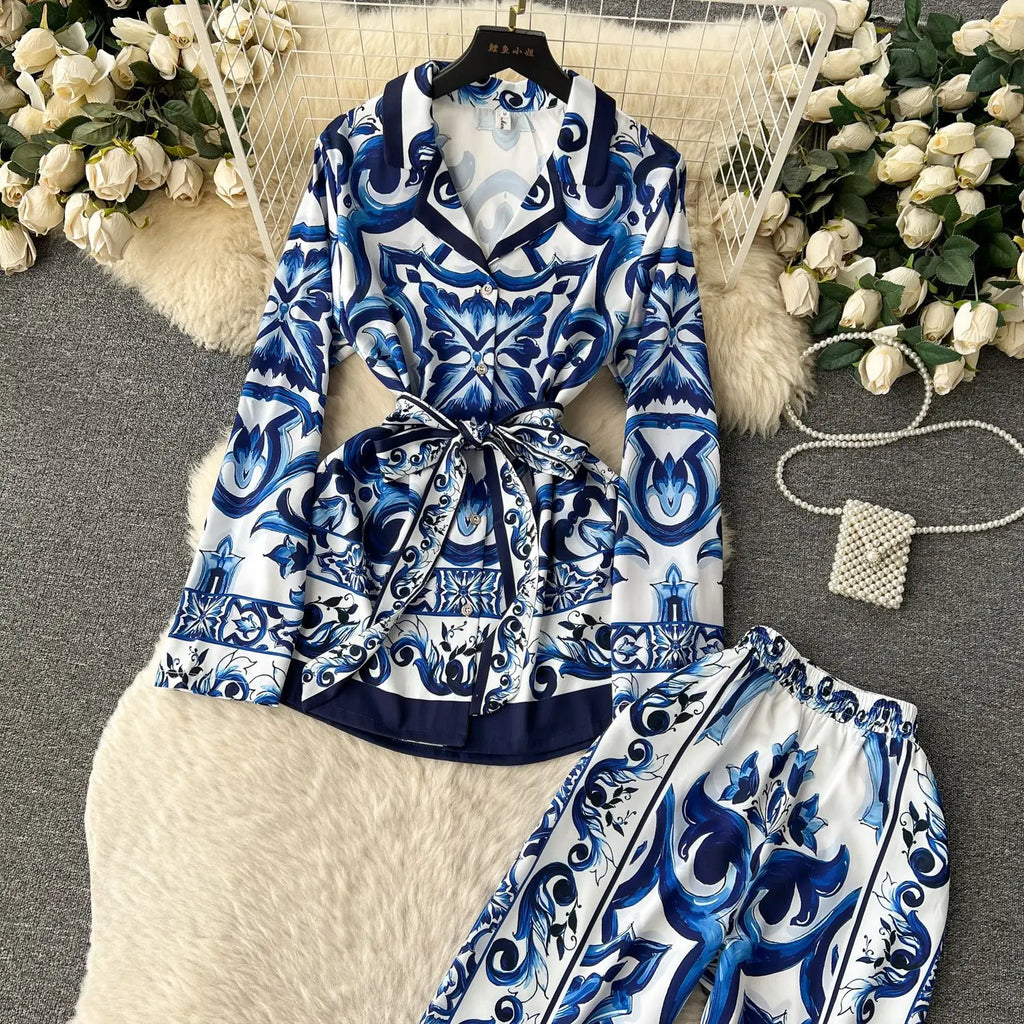 Printed Collar Top & Wide-Leg Pants Set