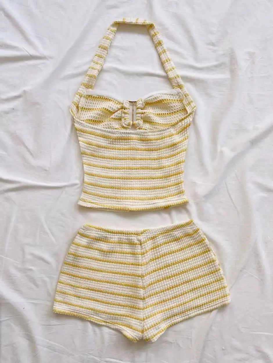 Women's Striped Knit Halter Top and Shorts Set