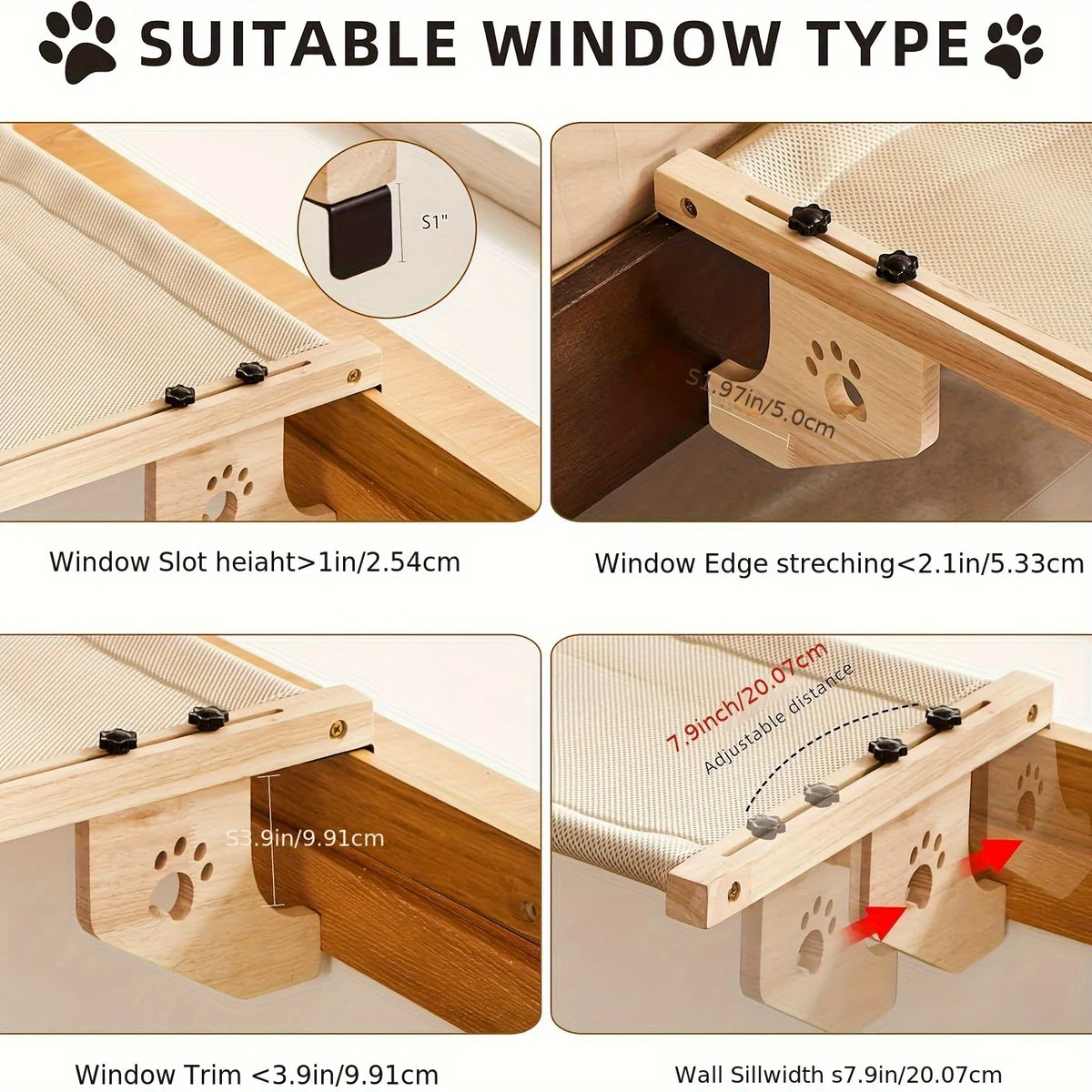 Adjustable Cat Window Perch with Wood & Metal Frame