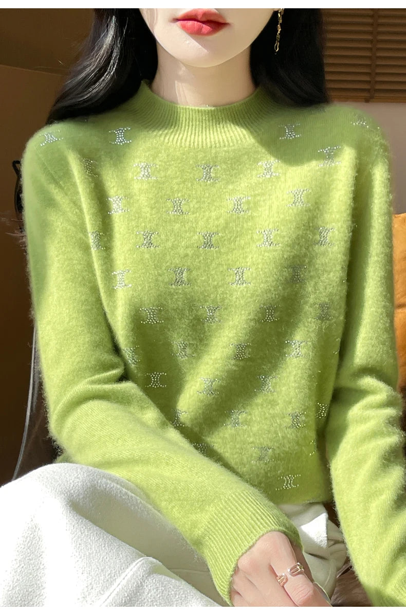 Women Fine Wool Thickening Sweater Half-high Collar Leaf studded With Diamonds Pullover Female Knitted Basis Tops Autumn Winter Dsers