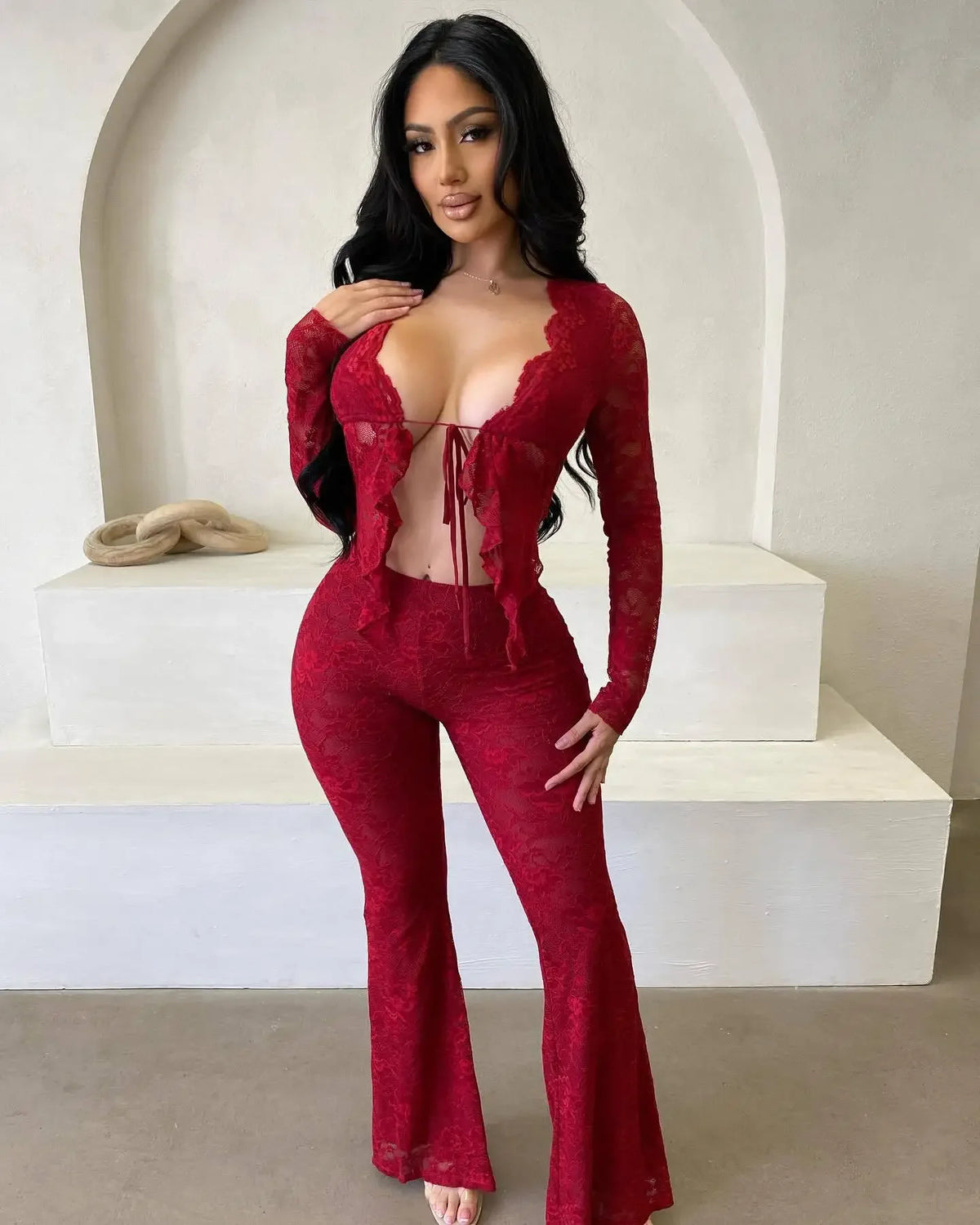 Sheer Lace Long-Sleeve Top & Flared Pants Set