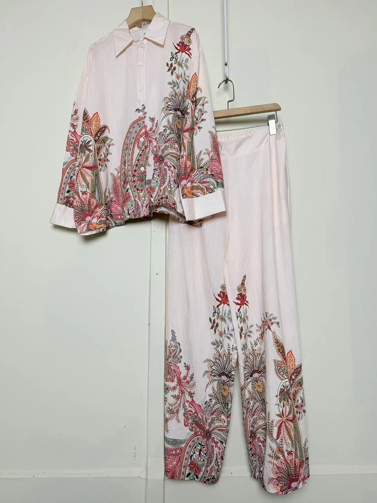 Women's Geometric Button-Up Shirt and Wide-Leg Pants Set