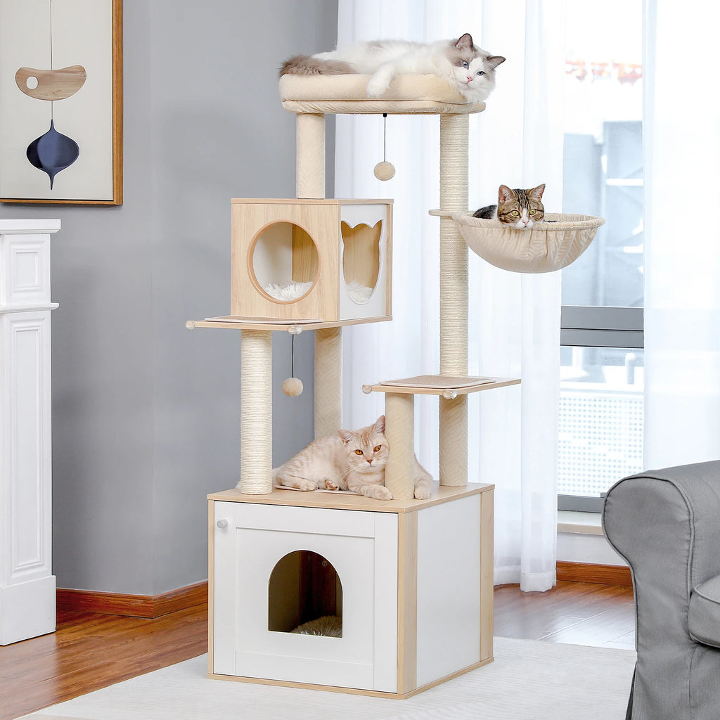 Multi-Level Wooden Cat Tree with Condo & Hammock