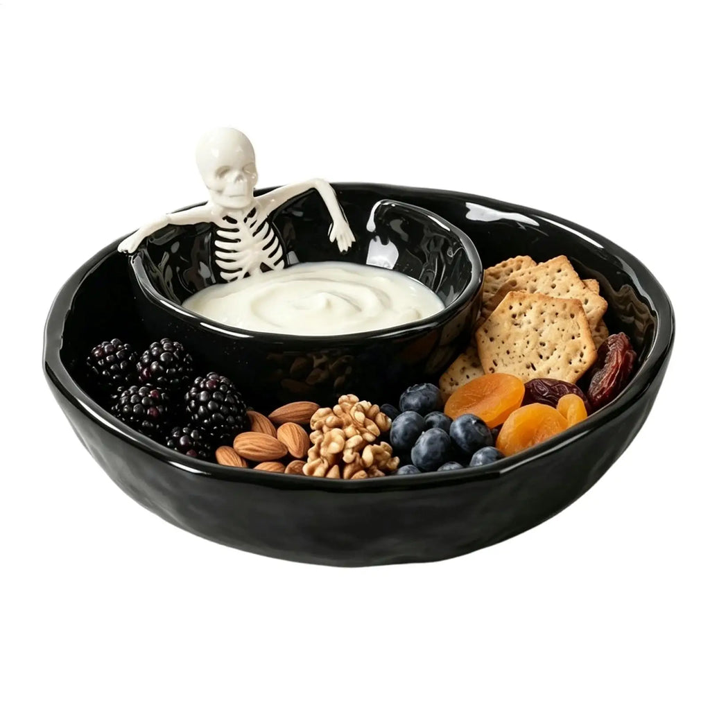Skull-Shaped Ceramic Chip and Dip Bowl — 8.5 Inch
