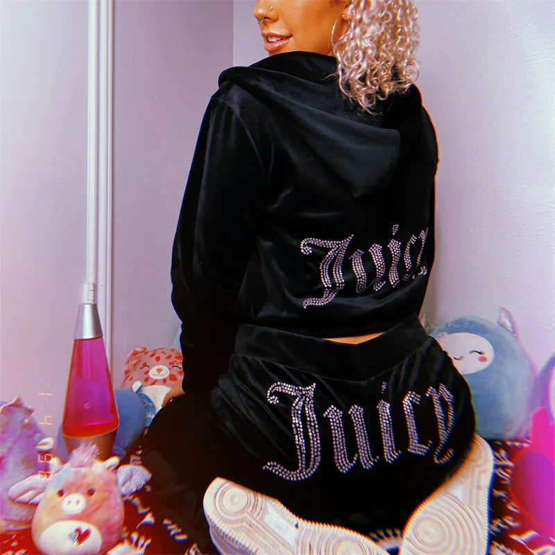 Women's Velvet-Look Embellished Hoodie and Pants Set