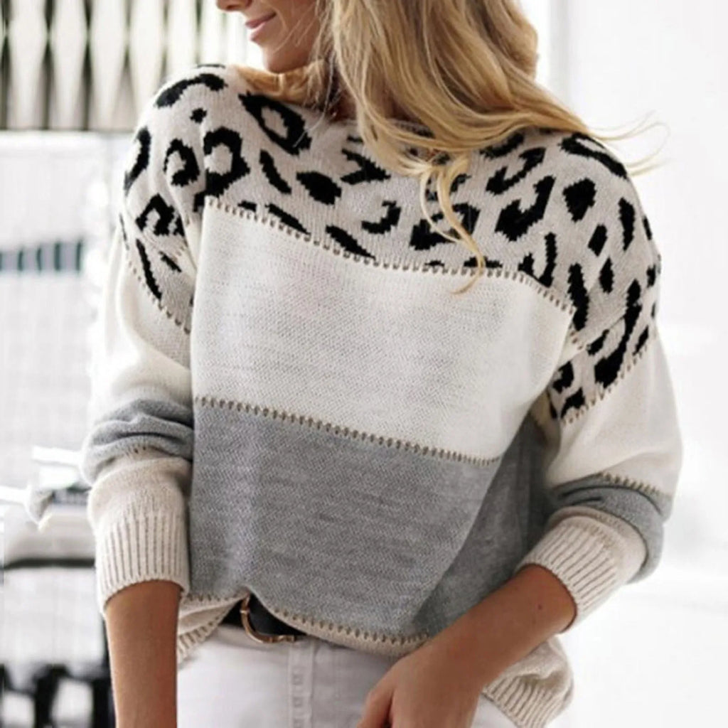 Women Sweaters Contrast Leopard Color Pullovers Loose Autumn Winter Long Sleeve Sweater Jumper Pull Femme Knitwear Oversized Dsers