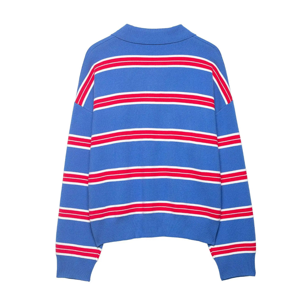 Striped Polo-Collar Long-Sleeve Sweater
