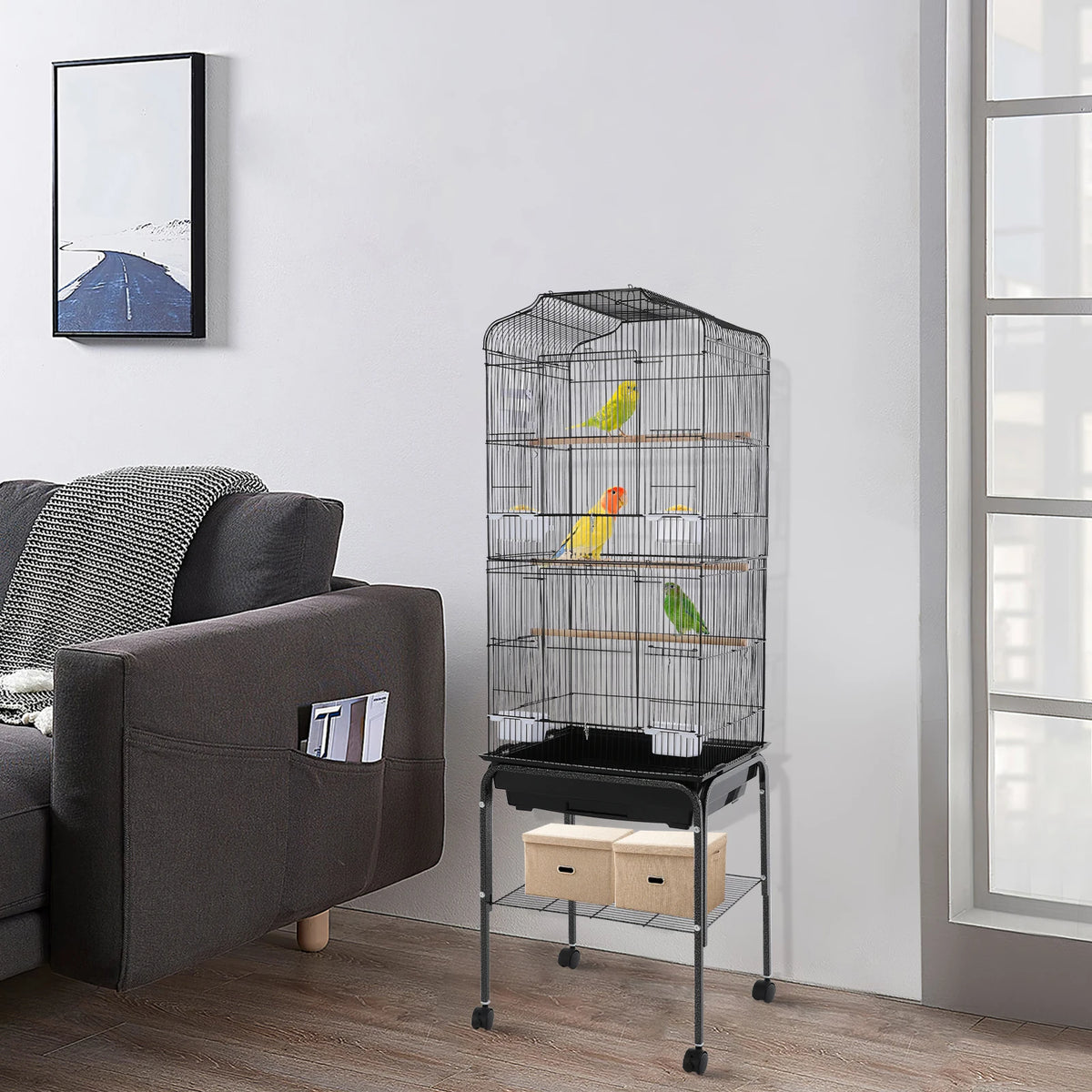 Bird Cage with Rolling Stand & Feeding Bowls