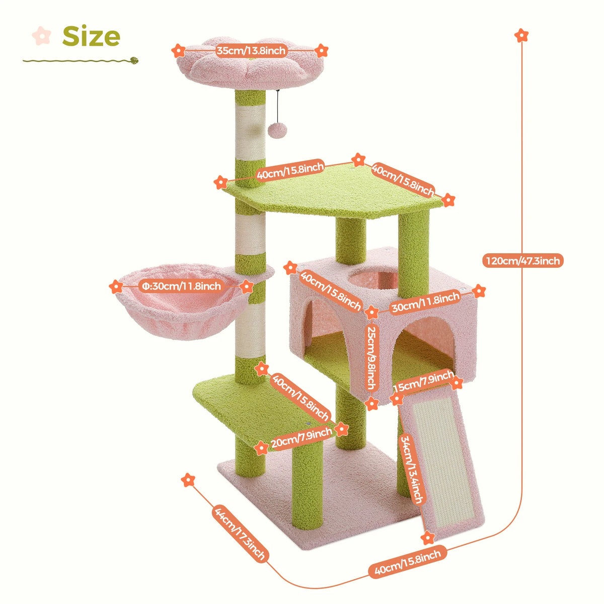 120cm Flower Cat Tree with Condo & Scratching Posts