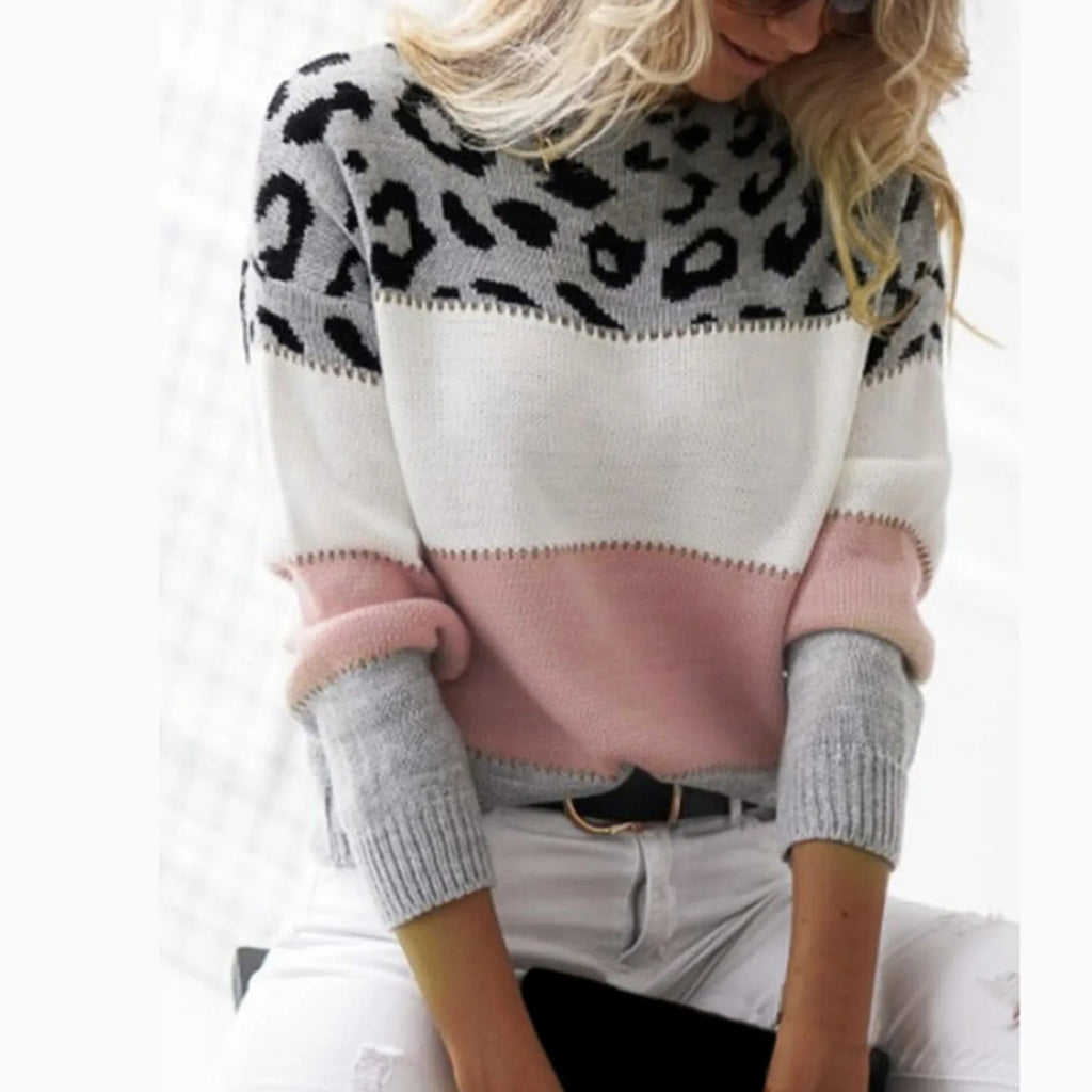 Women Sweaters Contrast Leopard Color Pullovers Loose Autumn Winter Long Sleeve Sweater Jumper Pull Femme Knitwear Oversized Dsers