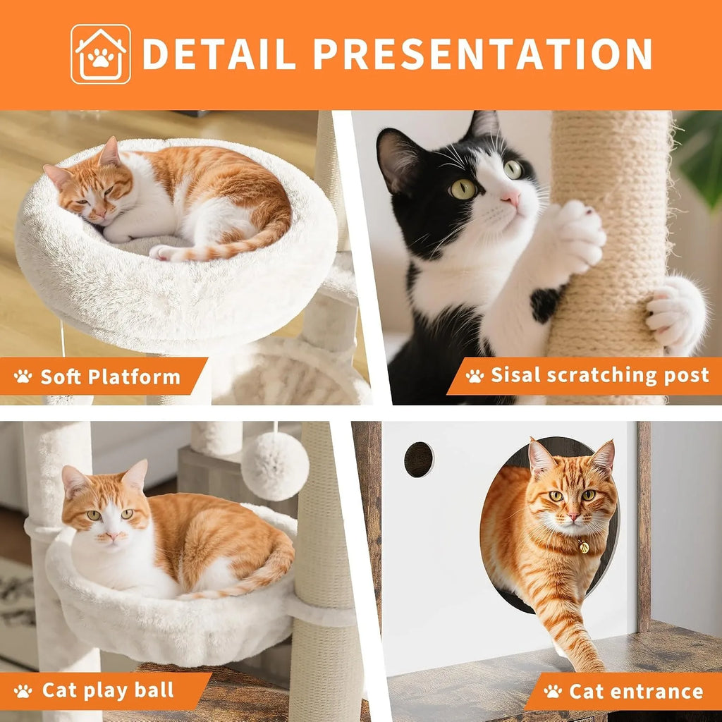 Cat Tower with Litter Box Enclosure, 2-in-1 Modern Cat Tree, 55.1-Inch Cat Condo with Scratching Posts, Hidden Litter Cabinet, Hammock & Perches, Engineered Wood, Indoor Use Whispering Desires Shoppe