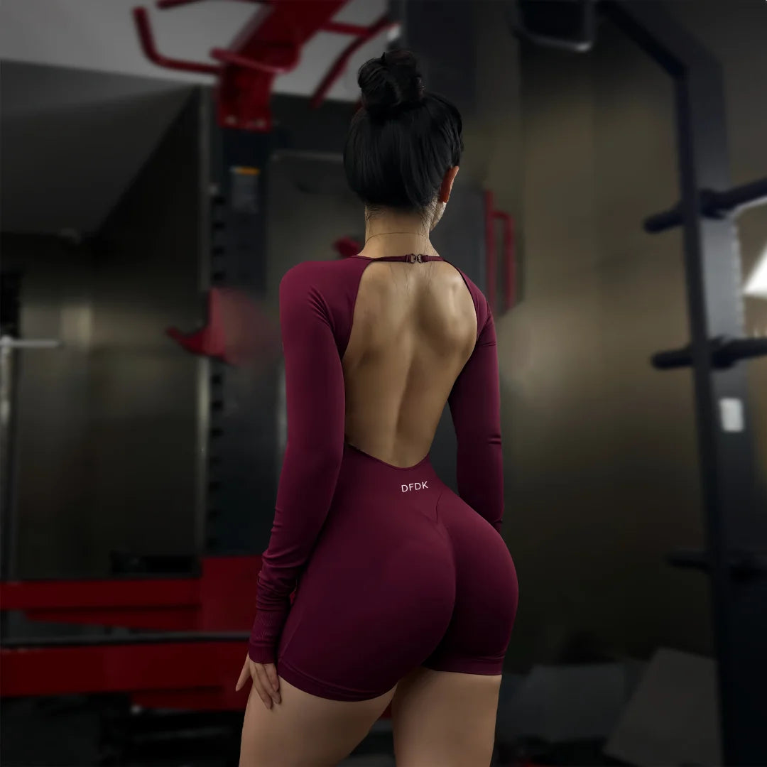 Women's Long-Sleeve Backless Workout Romper