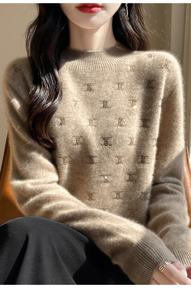 Women Fine Wool Thickening Sweater Half-high Collar Leaf studded With Diamonds Pullover Female Knitted Basis Tops Autumn Winter Dsers