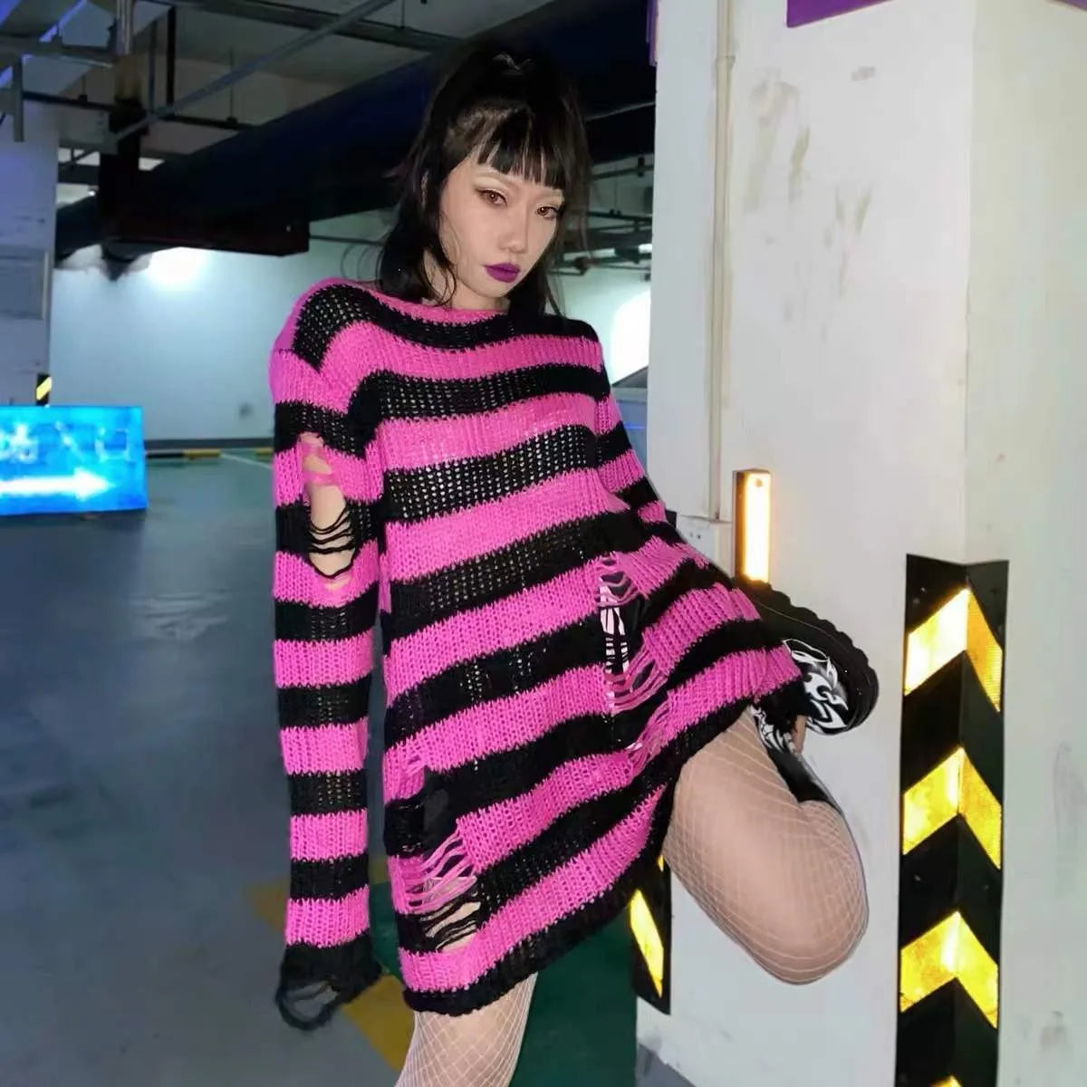 Karrram Punk Gothic Sweater Emo Tops E-girls Mall Goth Pullovers Y2k Harajuku Grunge Clothes Alt Dark Aesthetic Striped Jumpers Dsers