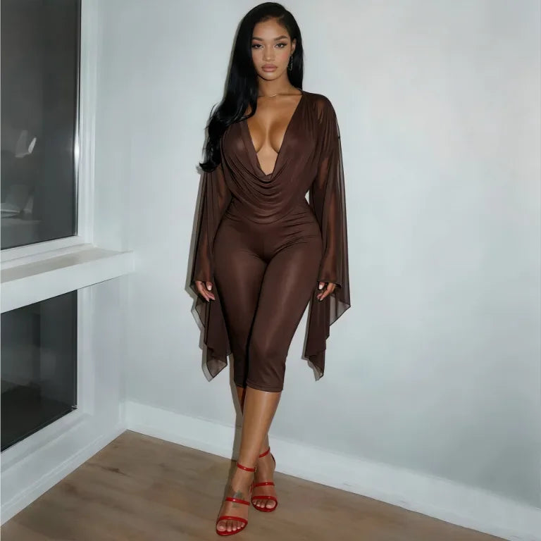 Women's Draped V-Neck Crop Top and Capri Set