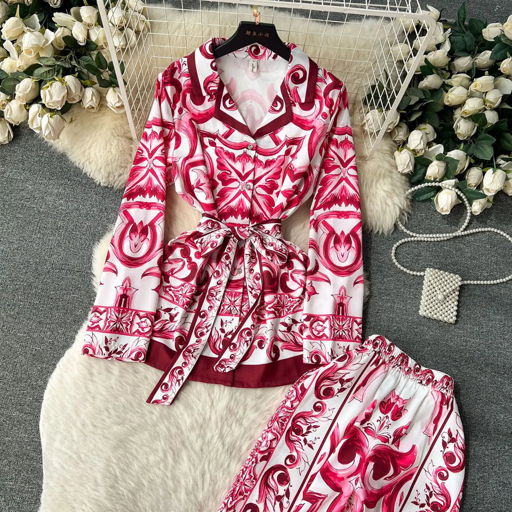 Printed Collar Top & Wide-Leg Pants Set