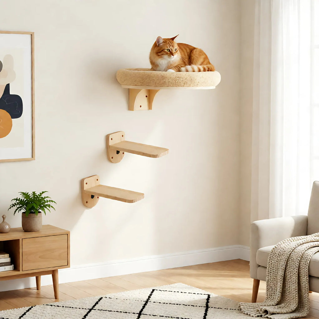 Cat Wall Mounted Solid Wooden Furniture Climbing Ladder and Cat Hammock with Scratching Post for Activity Indoor Cats Perches Whispering Desires Shoppe