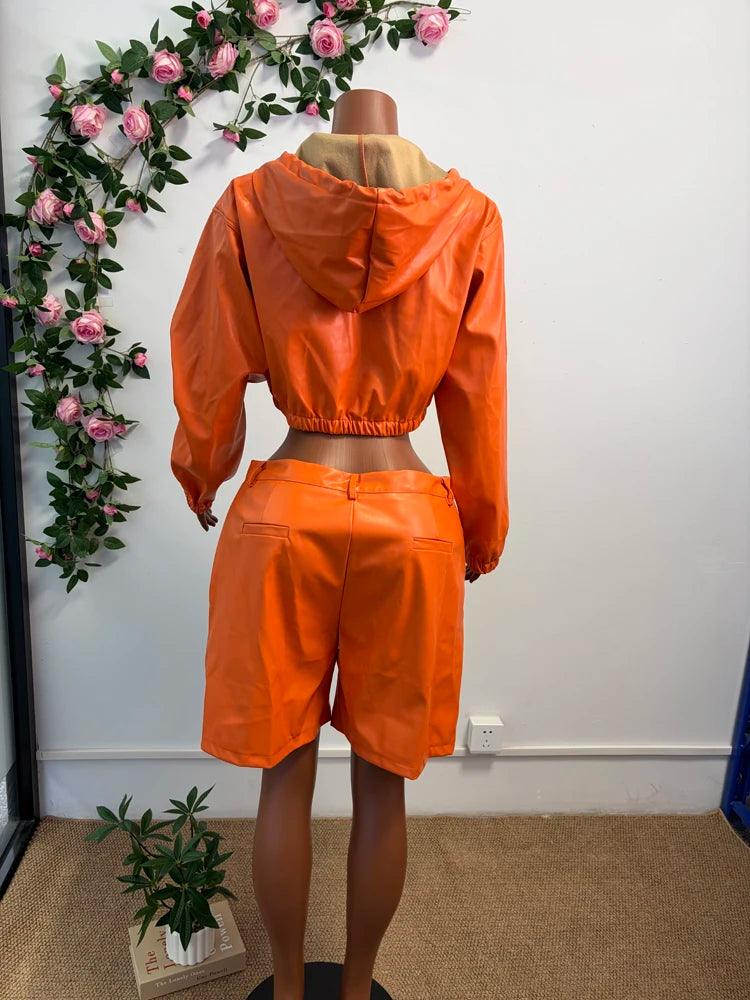 Women's Faux-Leather-Look Hooded Jacket and Bermuda Shorts Set