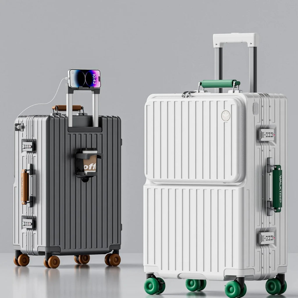 Front Opening Suitcase PC Material with Aluminum Frame TSA Lock Cup Holder Charging Port Colorful Wheels Travel Rolling Luggage Whispering Desires Shoppe