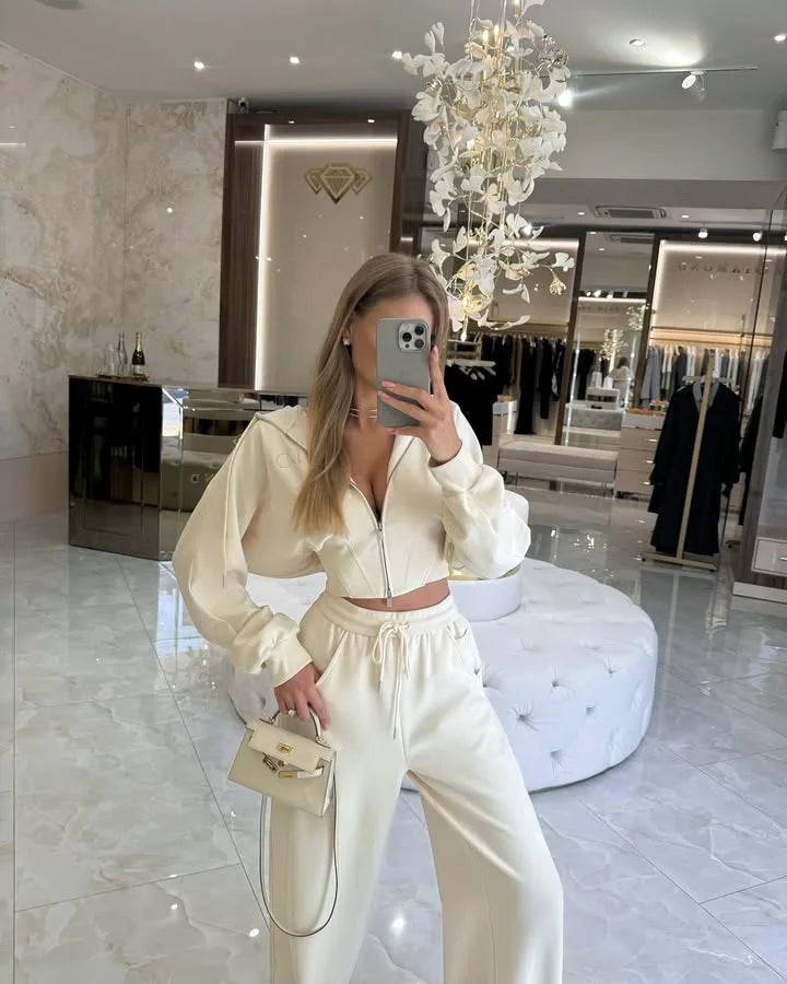 Women's Zip-Up Hooded Jacket and Wide-Leg Pants Set