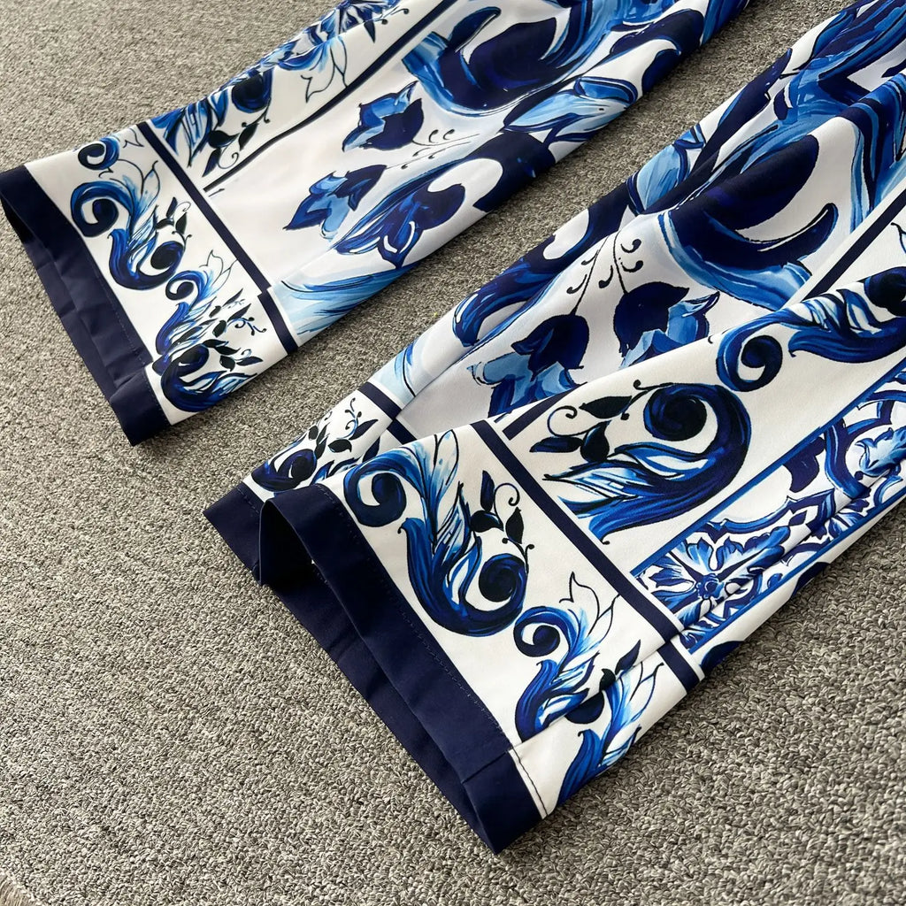 Printed Collar Top & Wide-Leg Pants Set