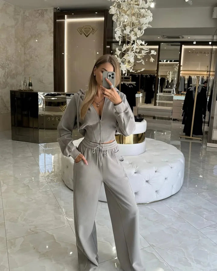 Women's Zip-Up Hooded Jacket and Wide-Leg Pants Set