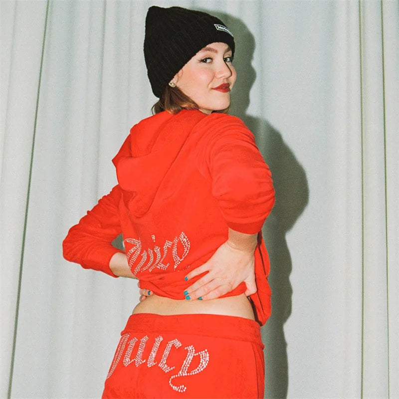 Women's Velvet-Look Embellished Hoodie and Pants Set